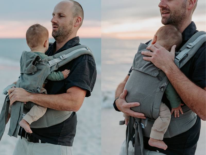 imagen doble en la que aparece un bebé que no quiere ser porteado y el mismo bebé calmado y dormido sobre el pecho de su padre