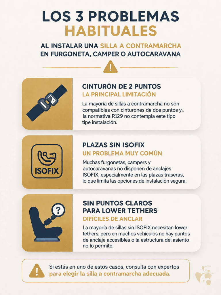 infografia sobre los problemas habituales al instalar una silla de coche en una furgoneta o camper