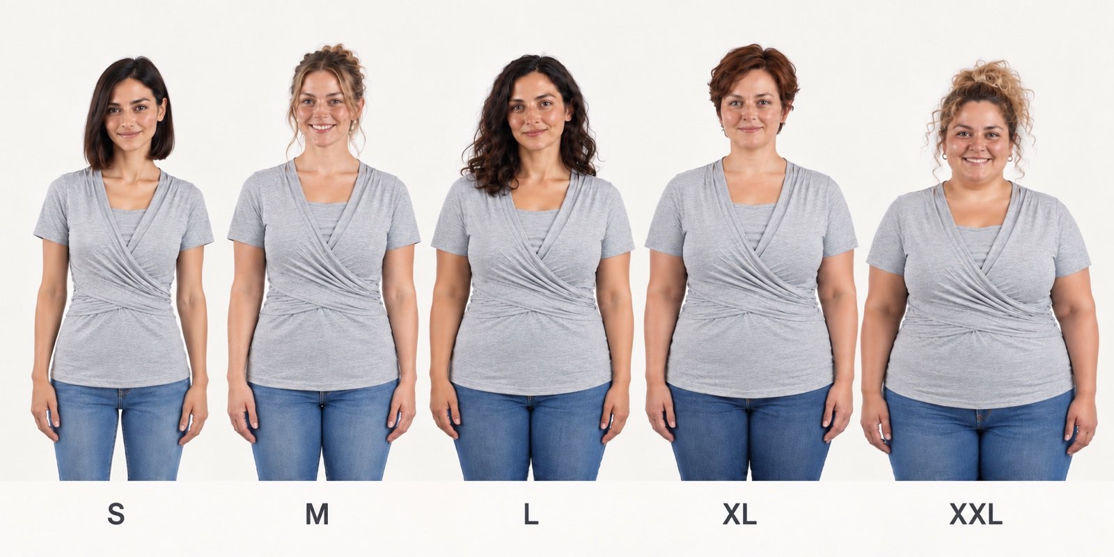 Guía visual de tallas de la camiseta portabebé Quokkababy para mujer, de S a XXL