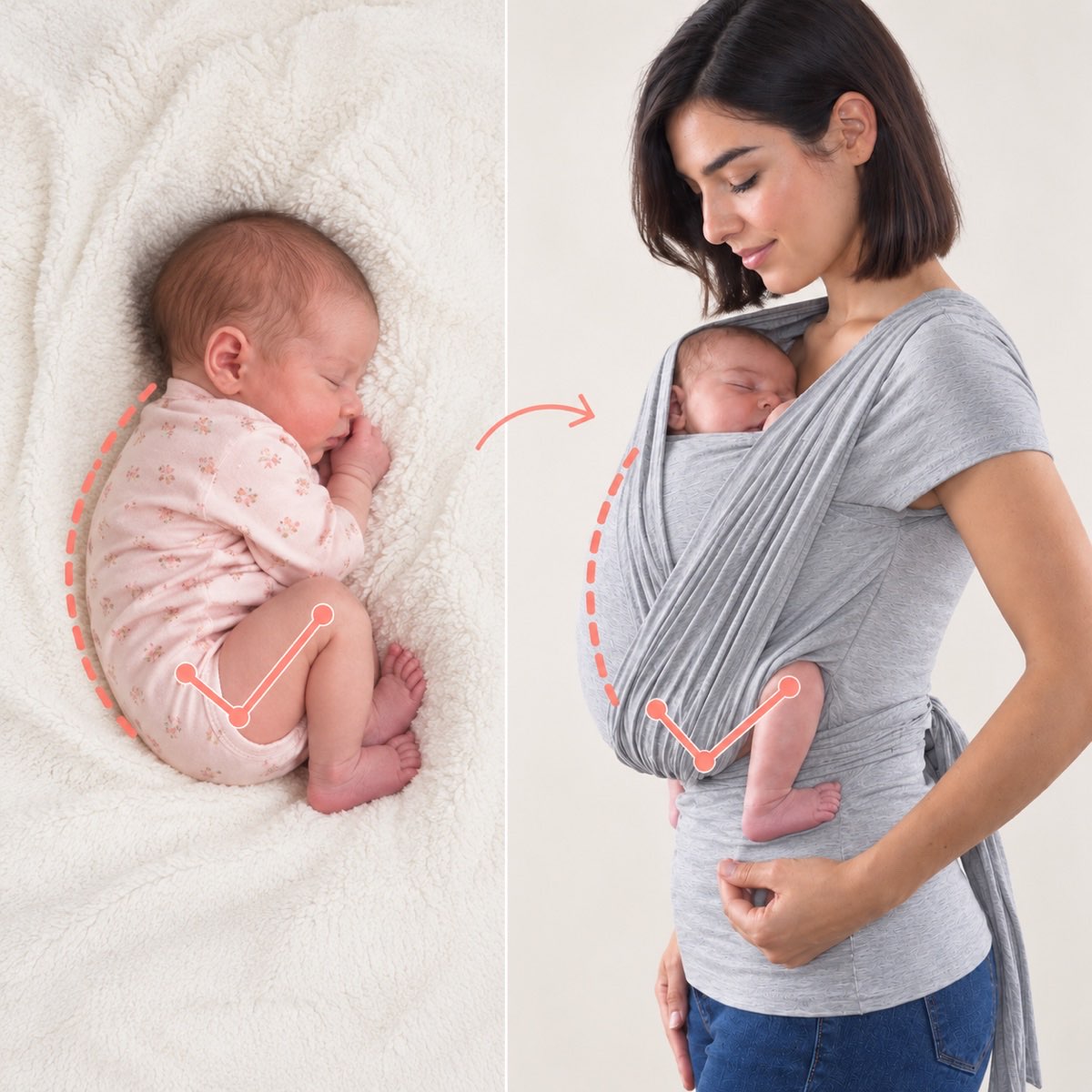 Postura natural de un recién nacido y postura ergonómica en la camiseta portabebé Quokkababy